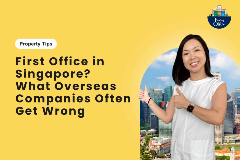 Smiling woman giving thumbs up beside text: "First Office in Singapore? Common Office Leasing Mistakes Overseas Companies Make," with a city skyline background on a yellow backdrop.