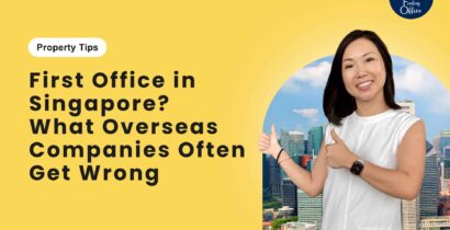 Smiling woman giving thumbs up beside text: "First Office in Singapore? Common Office Leasing Mistakes Overseas Companies Make," with a city skyline background on a yellow backdrop.