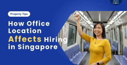 A woman in a yellow dress stands smiling inside a nearly empty underground train, next to text about how office location plays a key role in hiring decisions in Singapore.