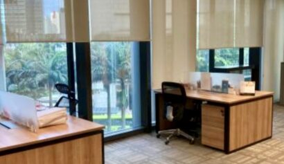 Modern office with wooden desks, black chairs, large windows with roller blinds, and a view of palm trees outside.