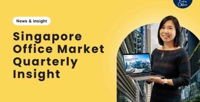 Woman holding a laptop stands in front of city buildings; text reads "Singapore Office Market Quarterly Insight" on a yellow background, highlighting the latest trends in the Singapore Office sector.