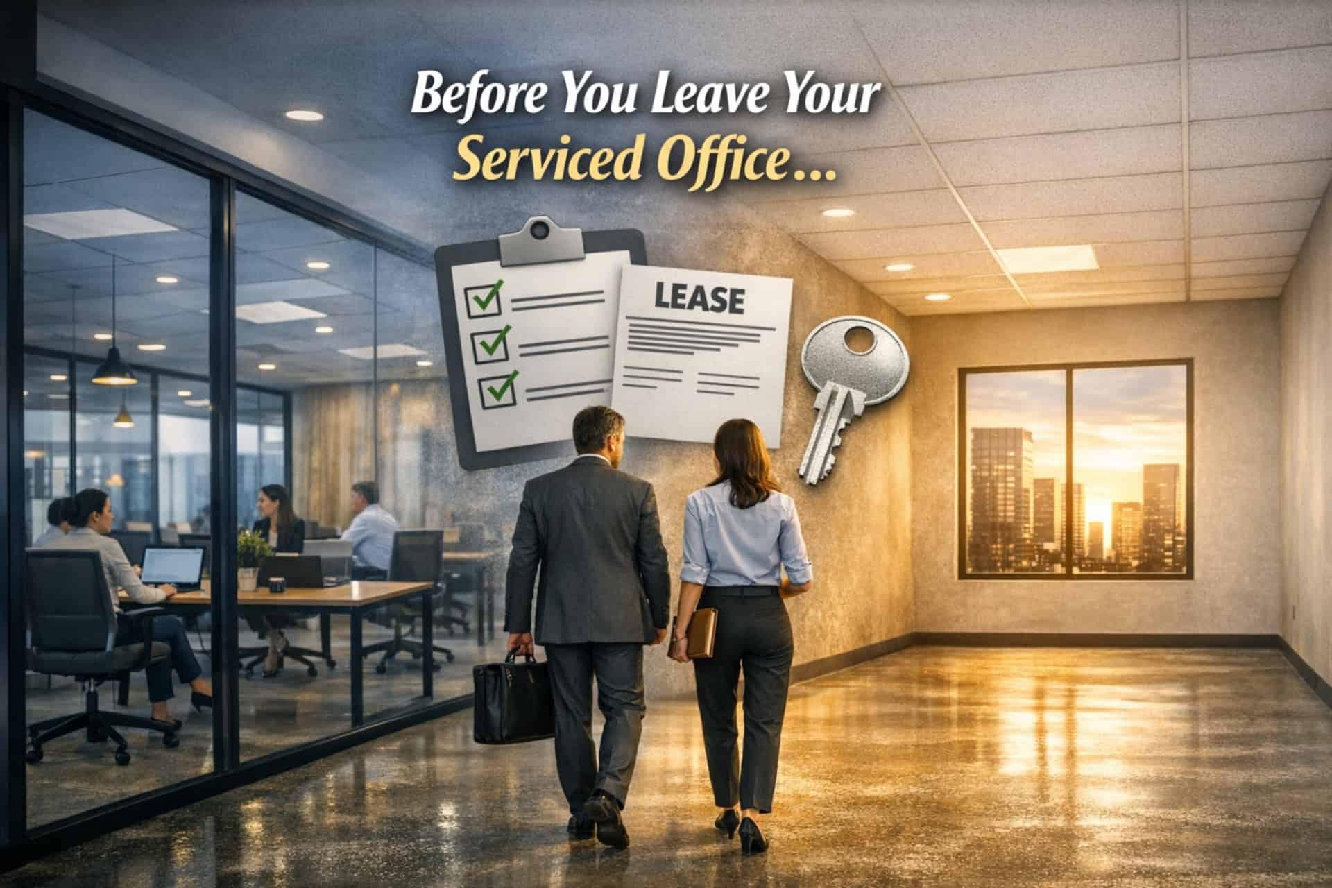 Two people walk down an office corridor carrying folders and a suitcase, with lease documents and keys illustrated above, signalling the process of leaving a serviced office. Office workers are visible through glass walls. Text reads "Before You Leave Your Serviced Office...