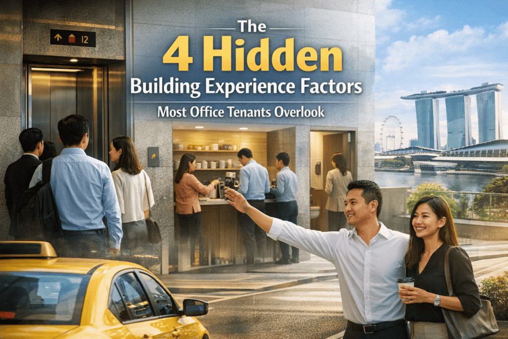 People wait for a lift, a couple exits a taxi, and two people get coffee in an office block. Text reads: "The 4 Hidden Building Problems Most Office Tenants Overlook.