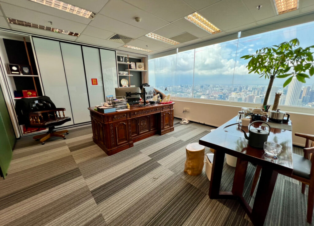 Spacious corner office with wooden desk, bookshelves, a large window overlooking a cityscape, and a potted plant near a meeting table.
