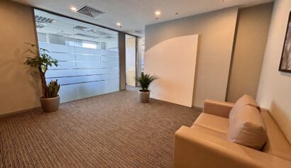 A modern office waiting area with a beige sofa, two potted plants, carpeted floor, and frosted glass partition walls.