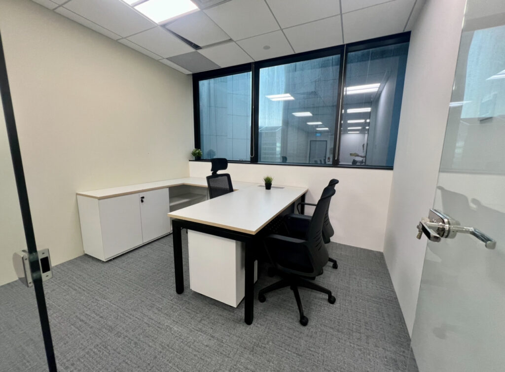 A small modern office with a white desk, two black chairs, a cupboard, and three small plants, featuring a large window and grey carpeted floor.