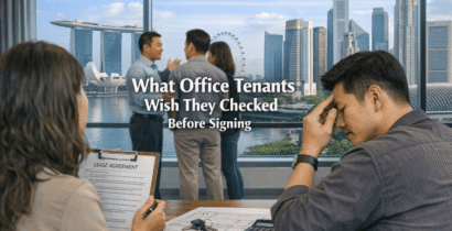Four people in an office overlooking a city skyline; one looks stressed, another holds a clipboard labelled "Check Before You Sign an Office Lease," while two converse by the window. Text reads: “What Office Tenants Wish They Checked Before Signing.”.