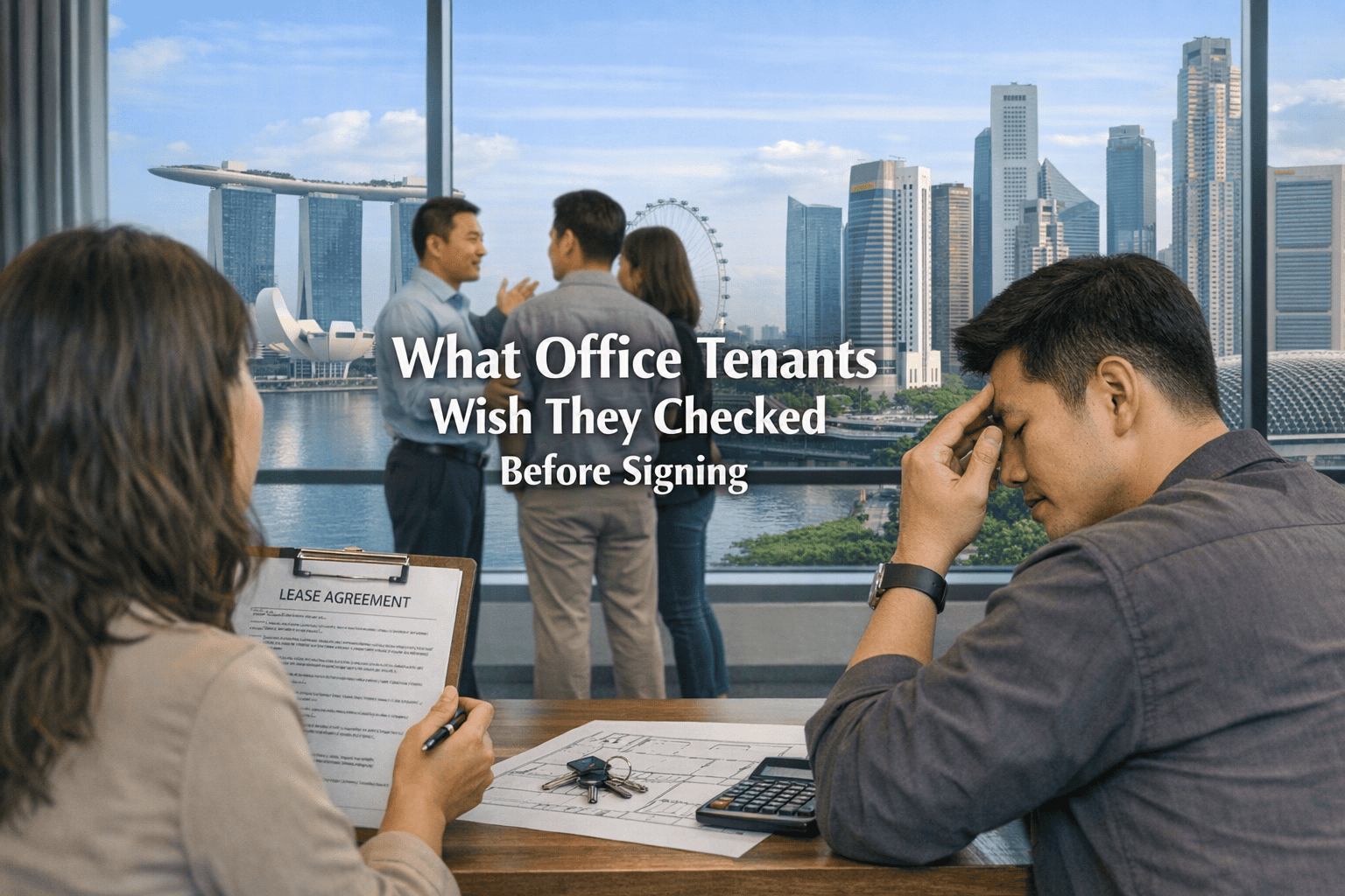 Four people in an office overlooking a city skyline; one looks stressed, another holds a clipboard labelled "Check Before You Sign an Office Lease," while two converse by the window. Text reads: “What Office Tenants Wish They Checked Before Signing.”.