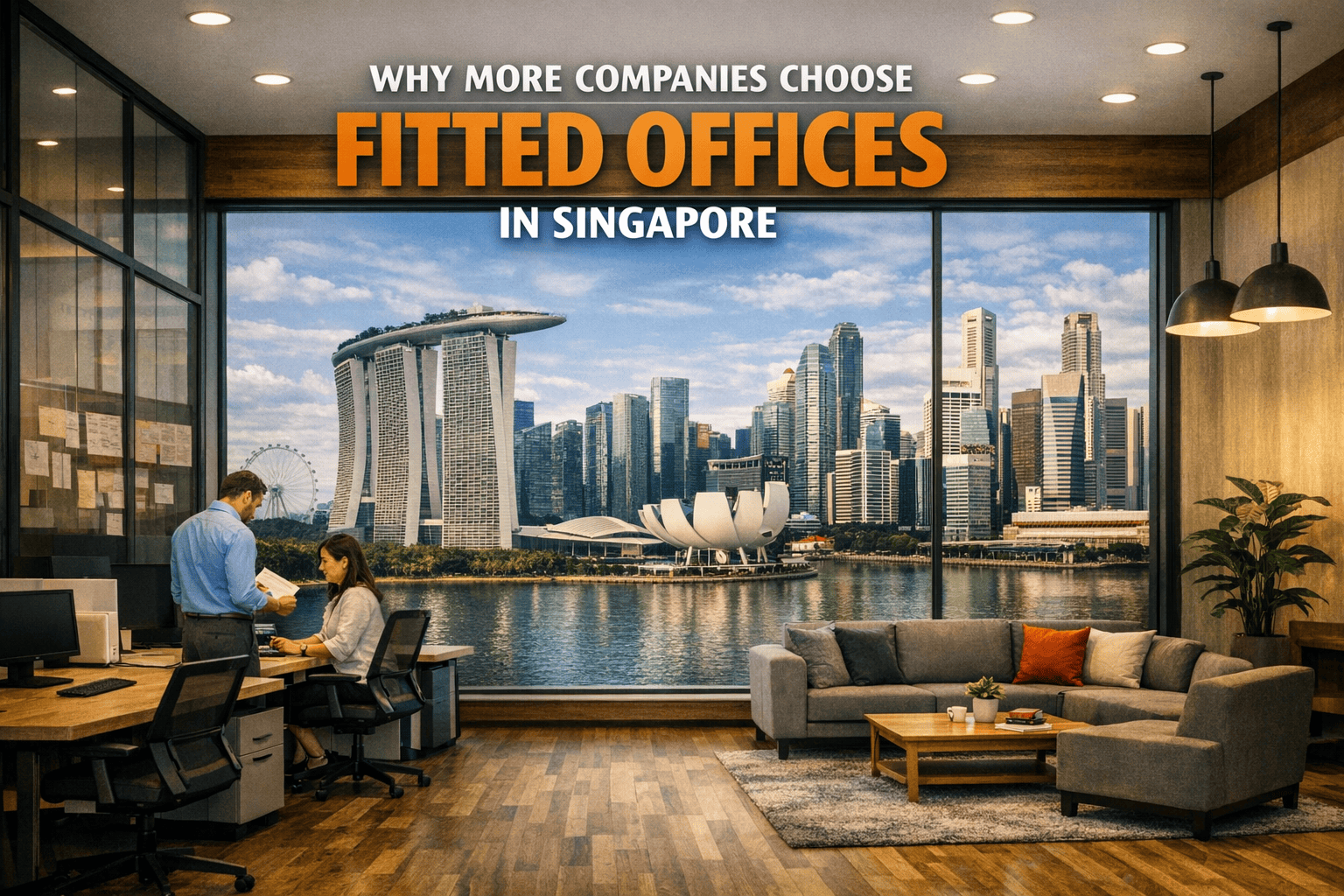 Modern office with two people working, large windows overlooking the Singapore skyline, and the text “Why More Companies Singapore Choose Fitted Offices in Singapore.”.