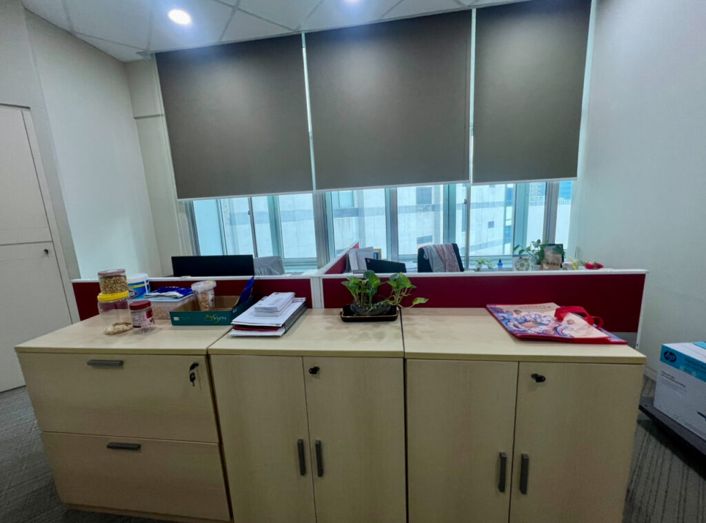Office space with cupboards in the foreground, various items and plants on top, desks and chairs behind, and large windows with partially closed blinds in the background.