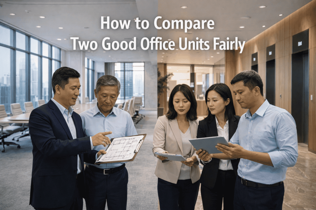 Five business professionals review documents and tablets in an office, with the text "How to Compare Two Good Office Units Fairly" displayed above them, offering guidance on how to effectively compare office options for your business needs.