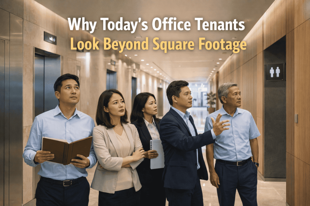 Five professionals stand in an office corridor, looking thoughtful. Lift doors are visible behind them. Text overlay reads, "Why Today’s Office Tenants Look Beyond Square Metres When Choosing Office Space.