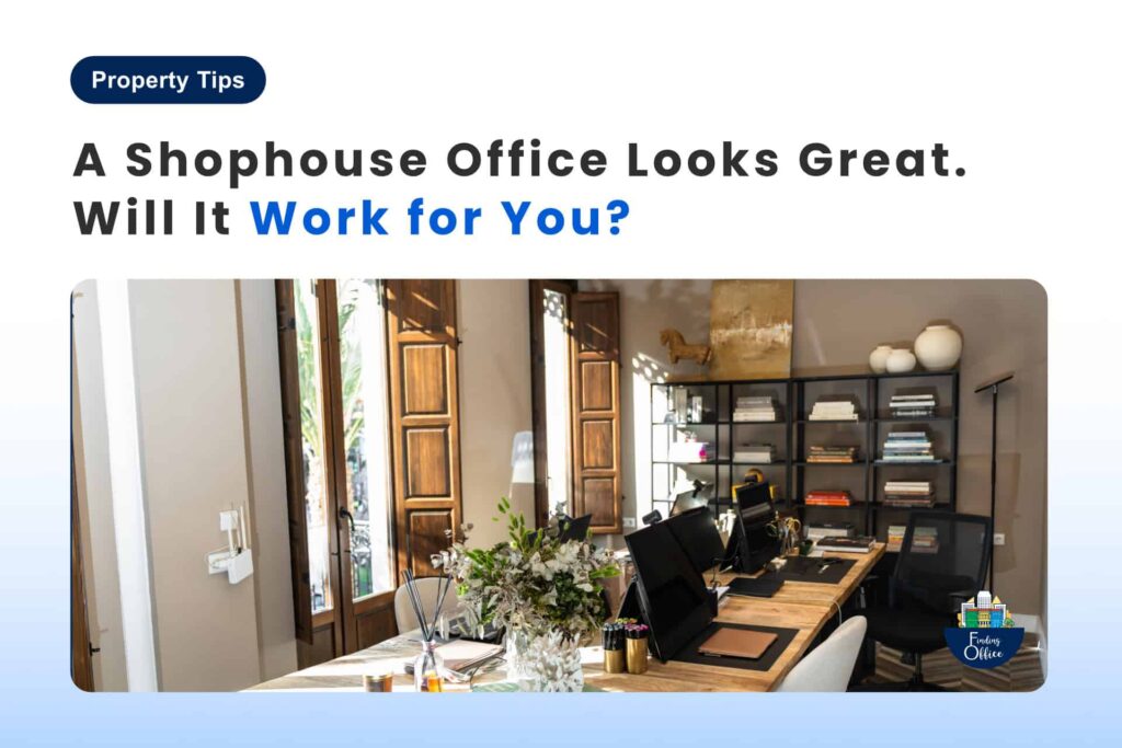 Modern shophouse office featuring wooden desks, computers, shelves, and large windows letting in natural light creates an inspiring workspace with sleek office design.