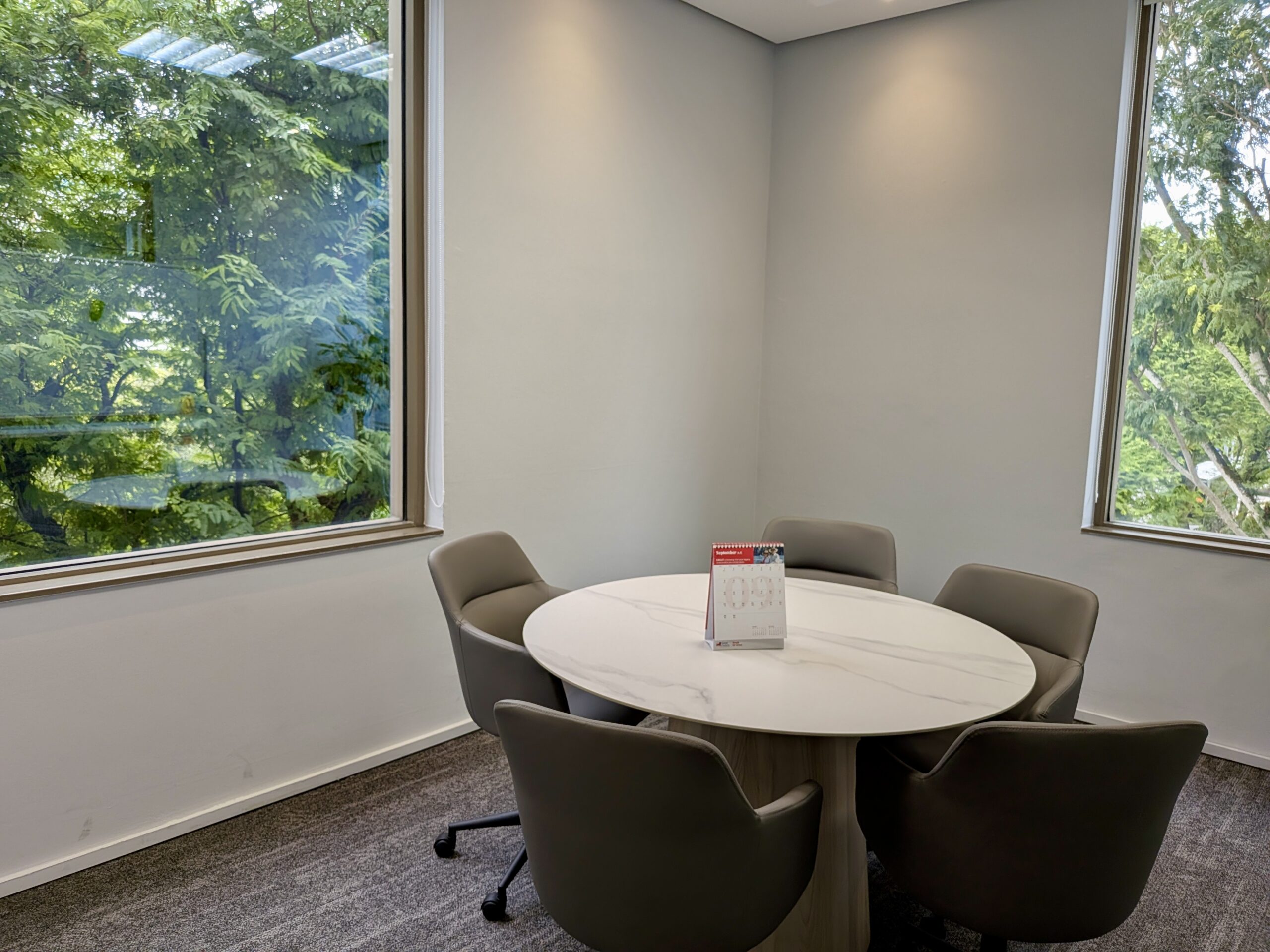 Small meeting room with a round table, four grey chairs, and two large windows showing green trees outside. A leaflet holder sits on the table.