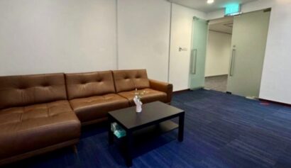 A brown leather settee and black coffee table with tissue box and small plant in a room with blue carpet, white walls, and glass door.