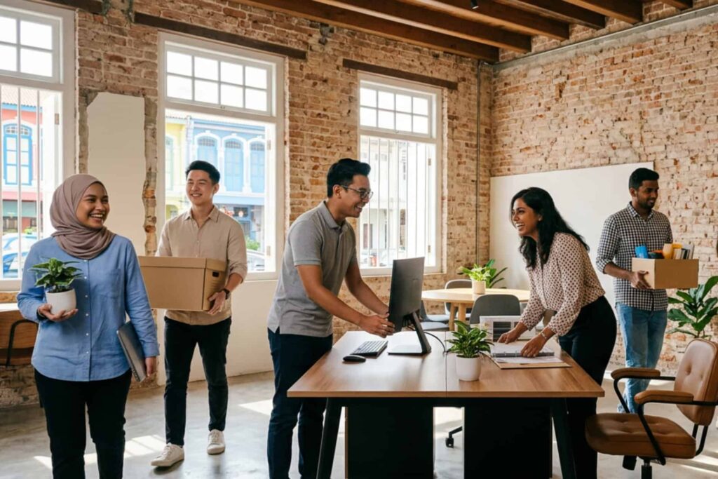 Five people setting up a new office after an extensive office search; some carry boxes or plants, while two arrange items on desks. The workspace features brick walls, large windows, and wooden beams.