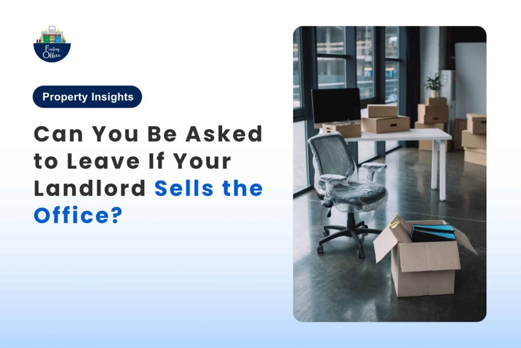 A modern office with packed boxes and a chair near a desk, suggesting moving out. The text asks if tenants must be asked to leave when the landlord sells the office or if the terms of their office lease still protect their rights.