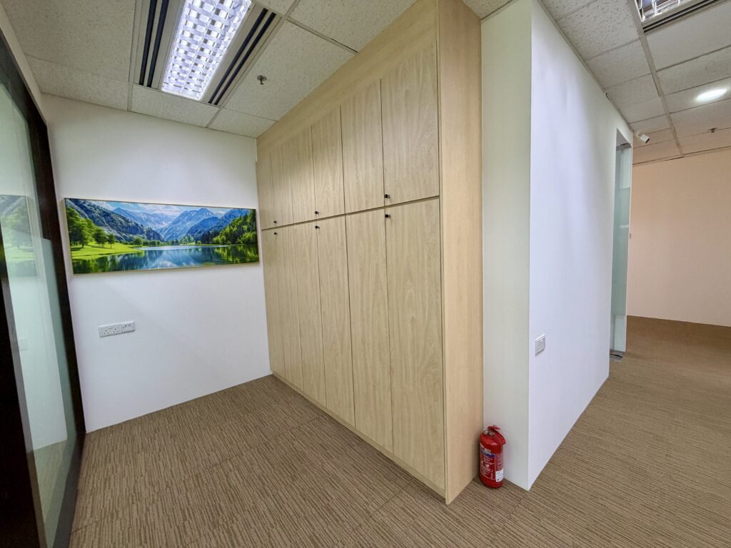 Office corridor with a large wooden cupboard, a fire extinguisher on the floor, beige carpet, and a wall-mounted nature landscape photograph.