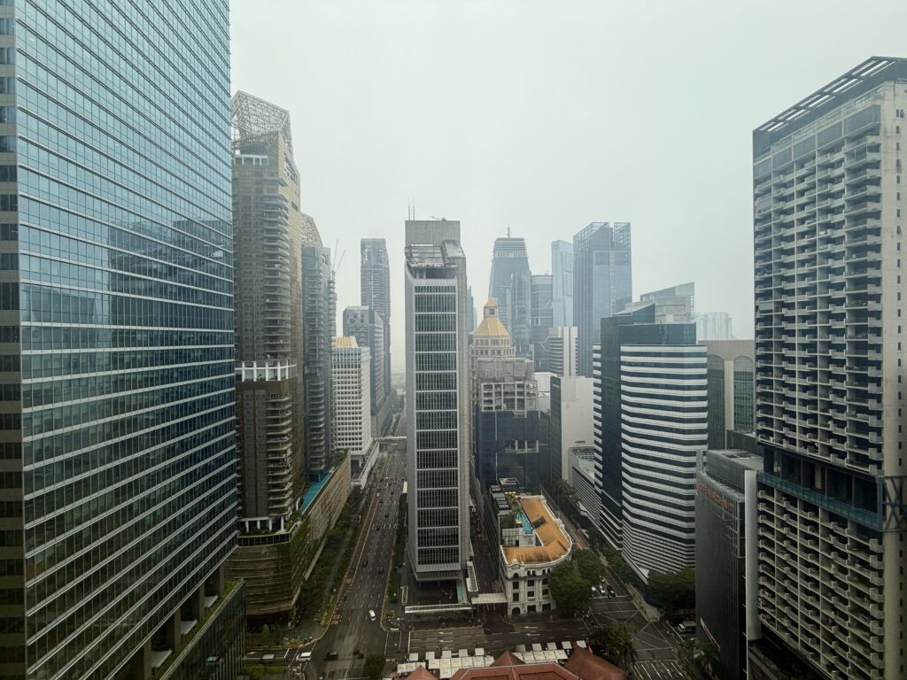 High-angle view of a city street lined with tall skyscrapers under a grey, overcast sky.